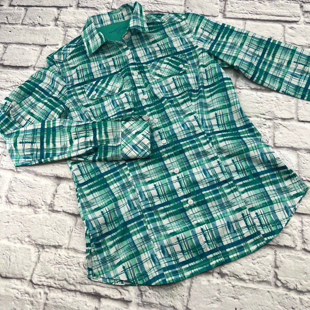Eddie Bauer Womens Performance Long Sleeve Shirt Size S Green Blue Plaid
